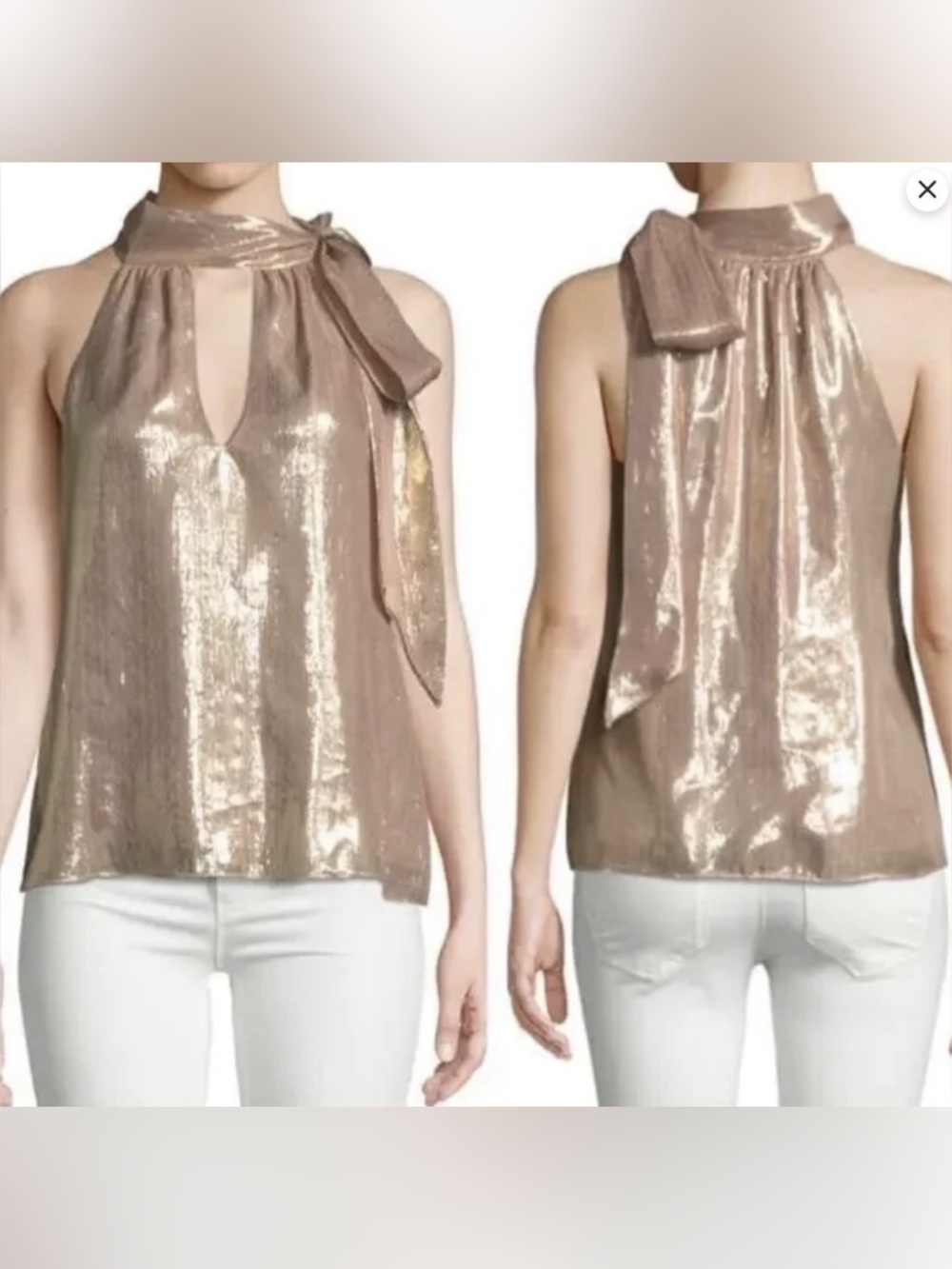 Ramy Brook Sasha Silk Metallic Tie-Neck Halter Top Blouse Rose Gold S